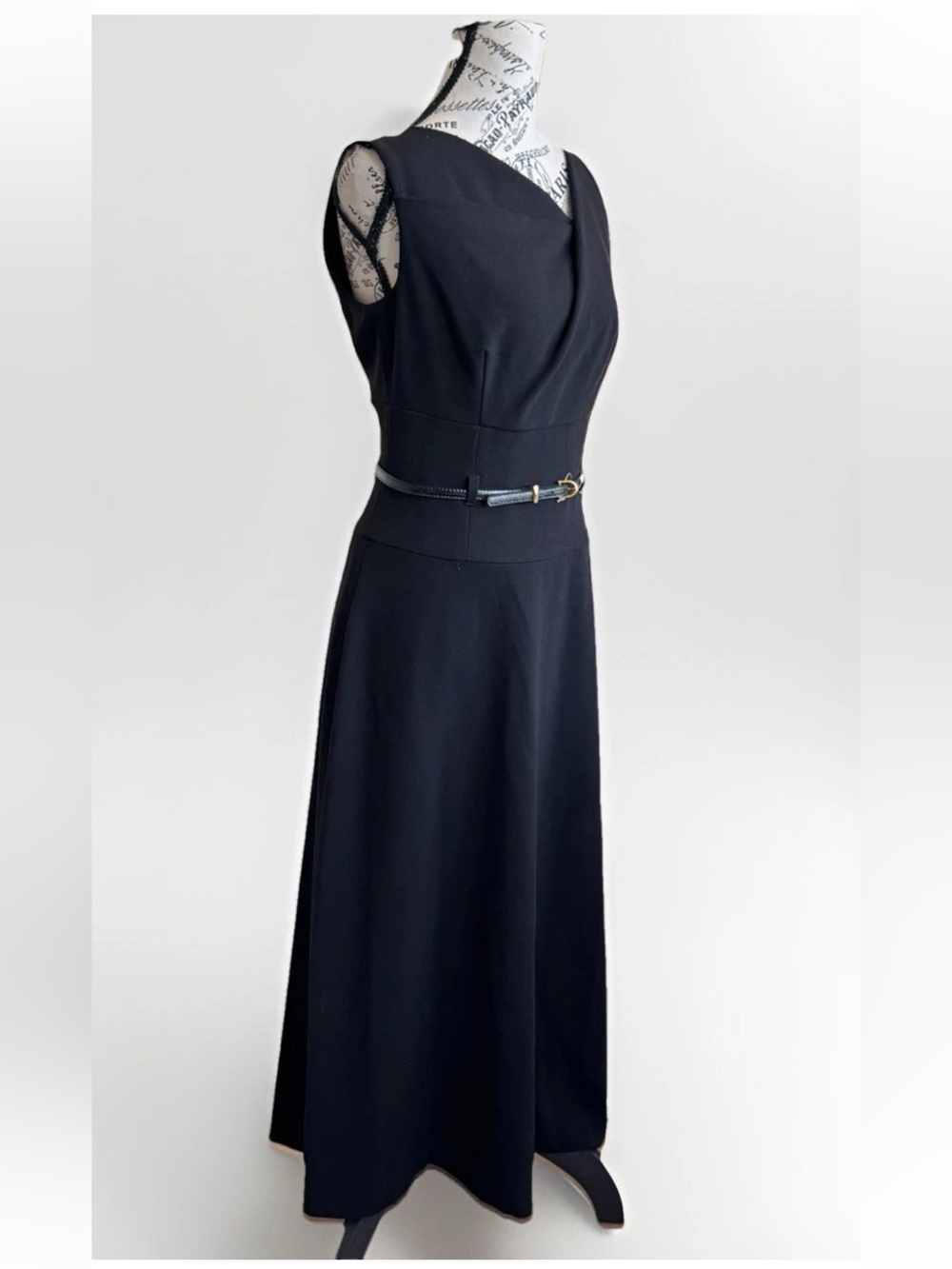 Donna Karan New York Black Mod Minimalist Belted Midi Tea Dress size 2